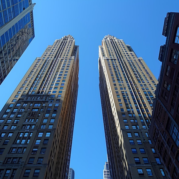 Two modern buildings standing tall against a blue sky