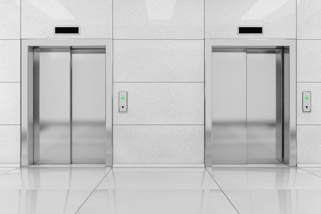 Two Modern Elevator or Lift with Metal Doors in Office Building extreme closeup. 3d Rendering