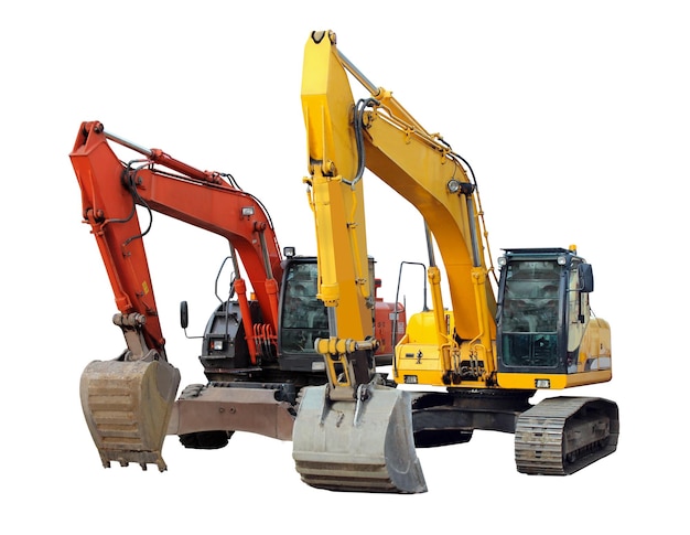 two modern excavators isolated on the white background