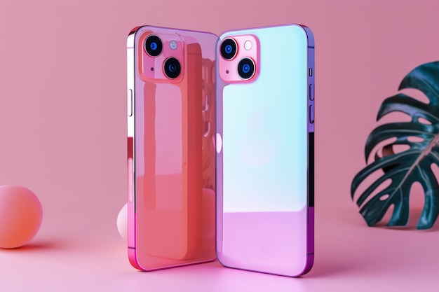 Two modern multicolored smartphones on a pink background