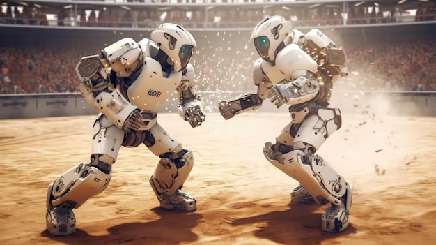 Two Modern robots fight in the arena entertainment boxing and wrestling conflict and war generated ai