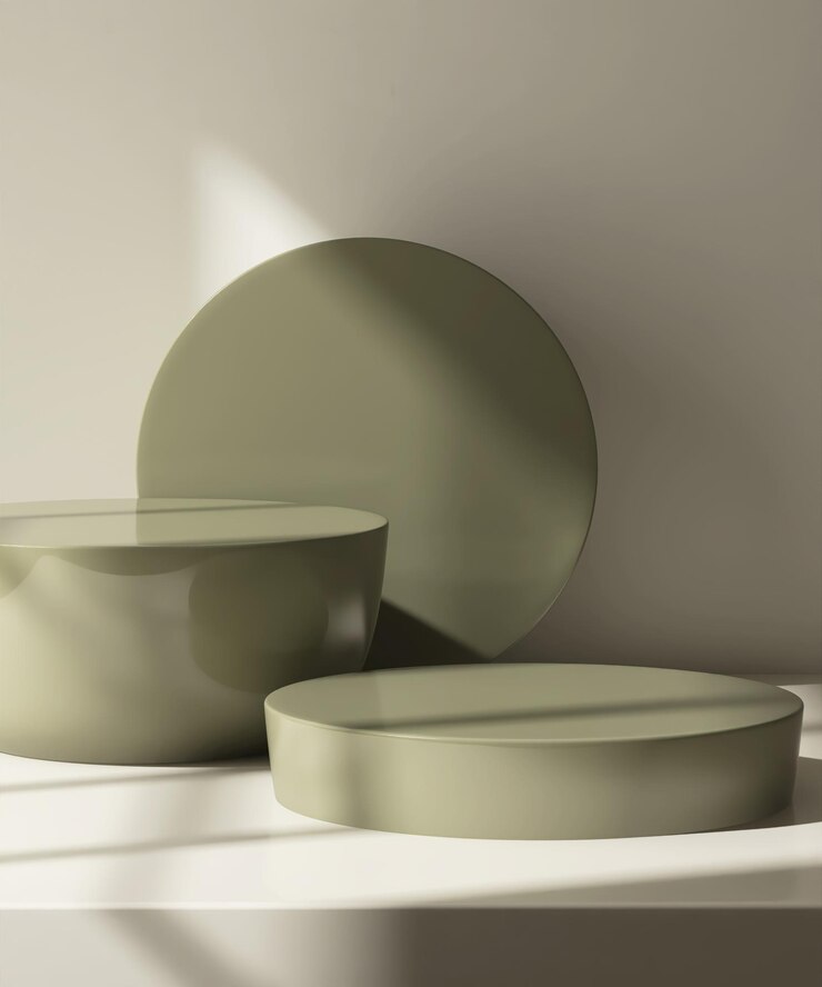Photo two modern shiny olive green podium tray in sunlight on cream white wall and abstract round plate for luxury organic cosmetic skincare body care beauty product background 3d