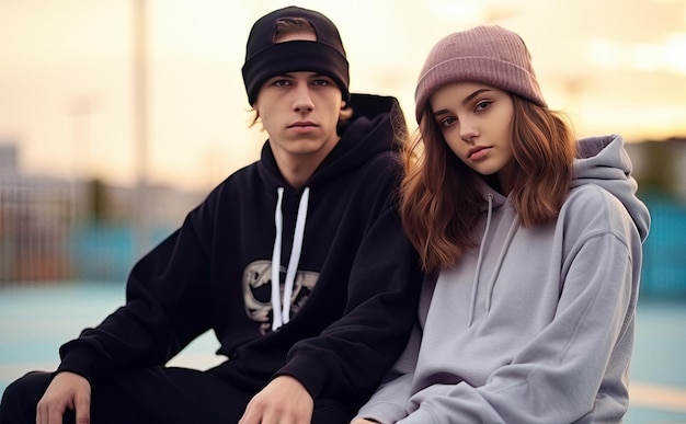 Two modern young people wearing hoodies standing on urban background