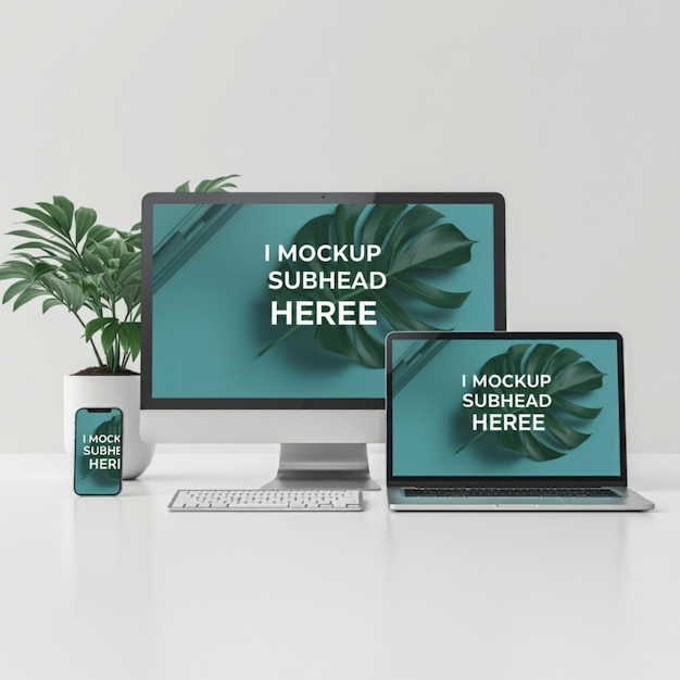 2 つのモニター上に緑の植物とI'm working hereの文字が付いています
