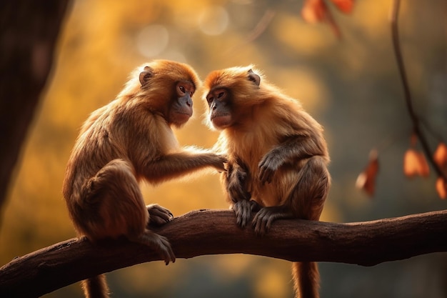 Two monkeys on a branch, one of which is sitting on a tree.