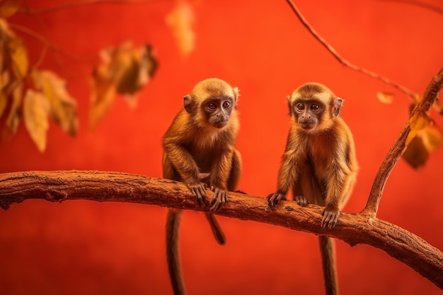 Photo two monkeys on a branch with a red background