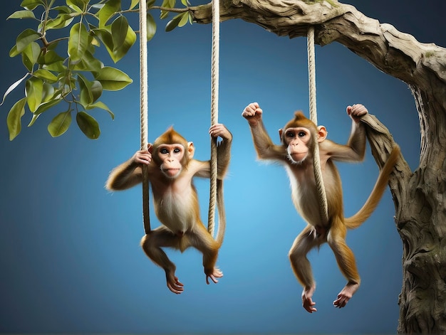 two monkeys hanging from a tree branch with a rope in their hands