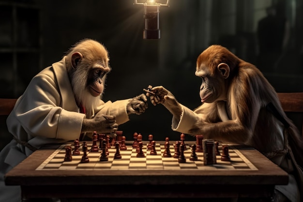 写真 2匹の猿がテーブルでチェスをしている