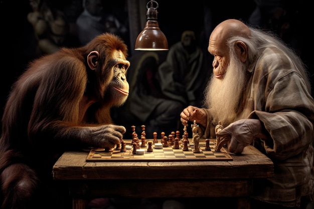 two monkeys playing chess with a man in a dark room generative ai