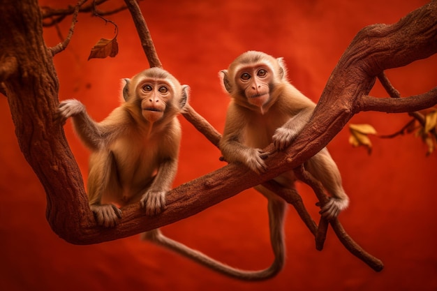 Two monkeys on a tree with red background