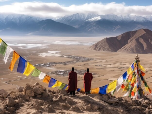 2人の僧侶が山の頂上に立って前面に色とりどりの旗を掲げています