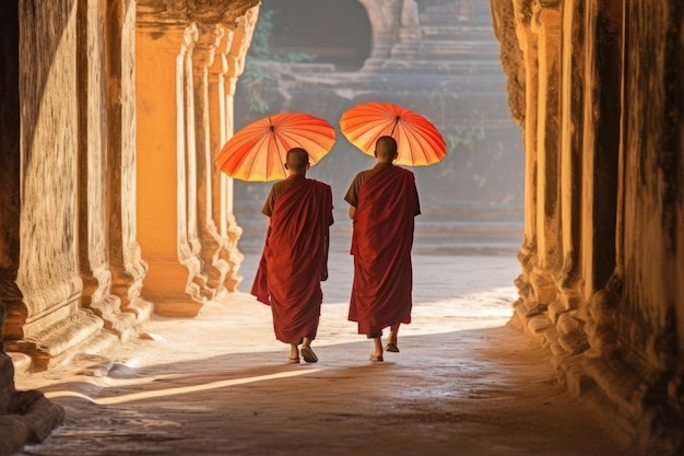 Two monks walk through a temple with orange umbrellas.