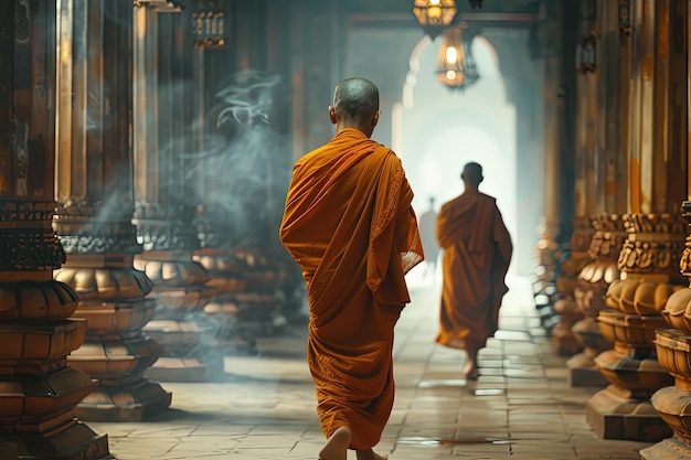 Two monks walking down a hall in a temple