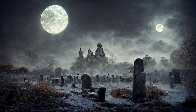 Two moons illuminate the cemetery at night in winter