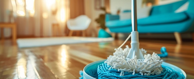 Photo two mop and mopstick standing on wooden floor in living room