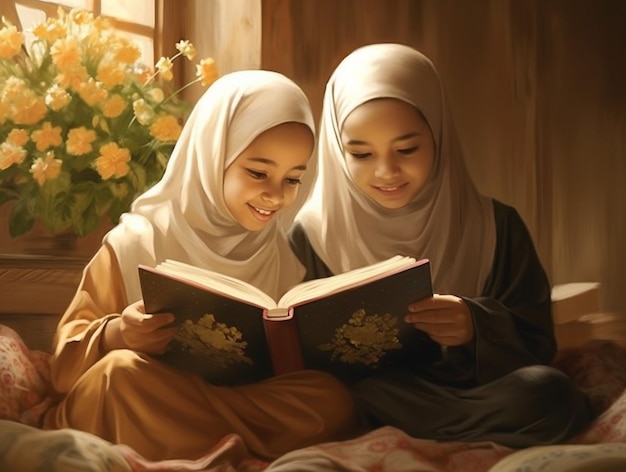 Photo two moslem children reading alquran