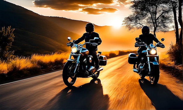 Two motorcyclists in a remote road in the wilderness under the sunset