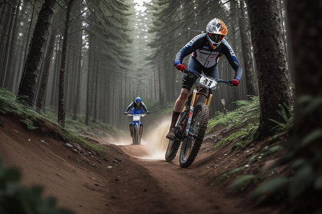 Two mountain bikers ride through a forest