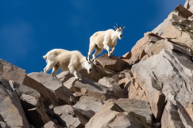 Two mountain goats climb a rocky ledge