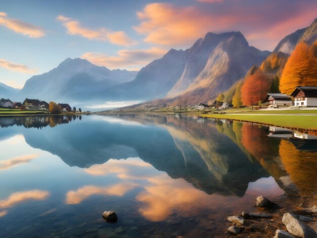 Two mountain peaks are reflected in the calm surface of the lake water Colorful autumn view