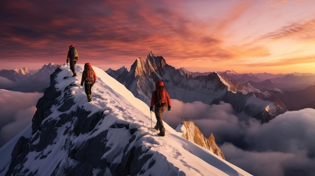 Two mountaineers conquering rugged peak at sunset with colorful gear intense expressions