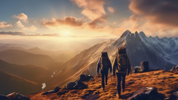 Two mountaineers standing on a mountain with large backpacks in full mountaineering gear and looking at the mountains