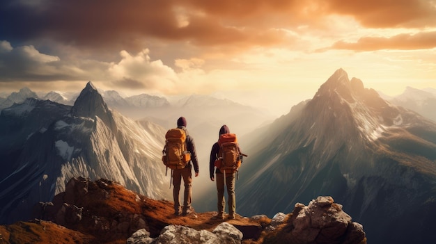 Two mountaineers standing on a mountain with large backpacks in full mountaineering gear and looking at the mountains