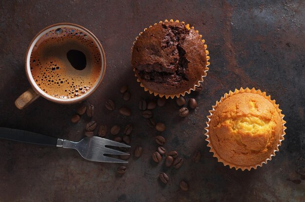 Two muffins and cup of coffee