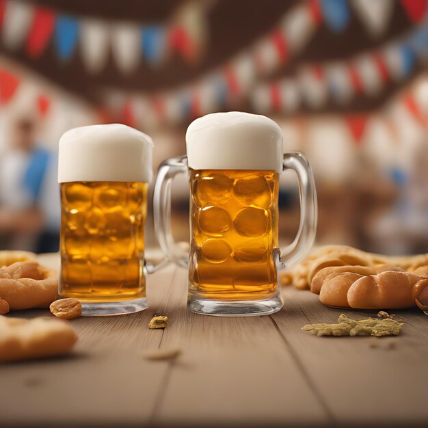 two mugs of beer and a mug of beer on a table