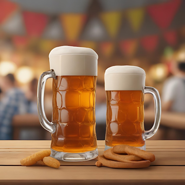 two mugs of beer sit on a table with a banner that says  lager  on it