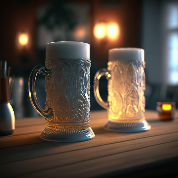 Two mugs of beer sit on a table with a candle on the table.