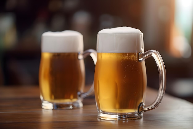 Two mugs of beer on a table with blurry background