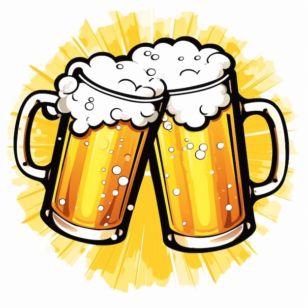 two mugs of beer with foamy bubbles in a yellow background generative ai