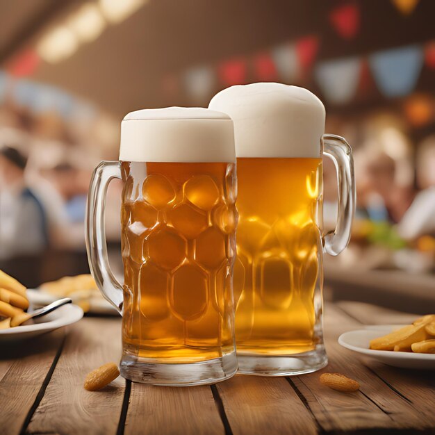 two mugs of beer with a plate of fries on a table