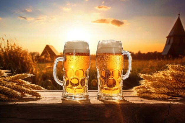 Two mugs of beer on wooden table with autumn background