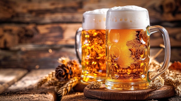 Two Mugs of Beer on Wooden Table