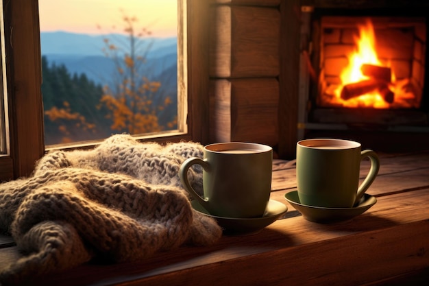 Two mugs of coffee by the fireplace cozy autumn evening Generative AI