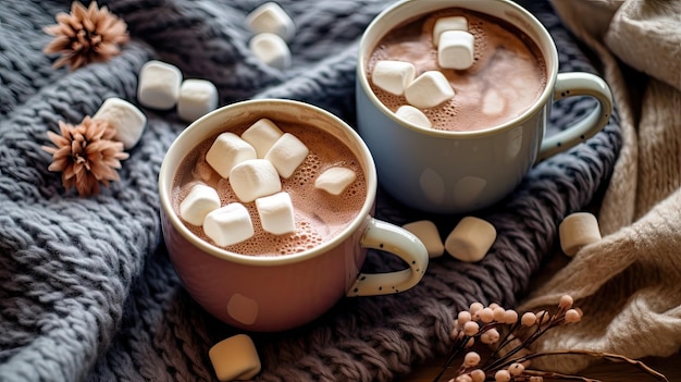 two mugs filled with hot chocolate and marsh on a gray blanket surrounded by white marsh in the middle