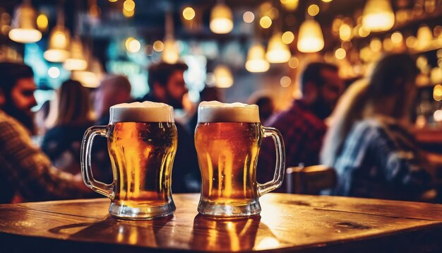 Foto due tazze piene di birra fresca sul tavolo del bar in un interno scuro.