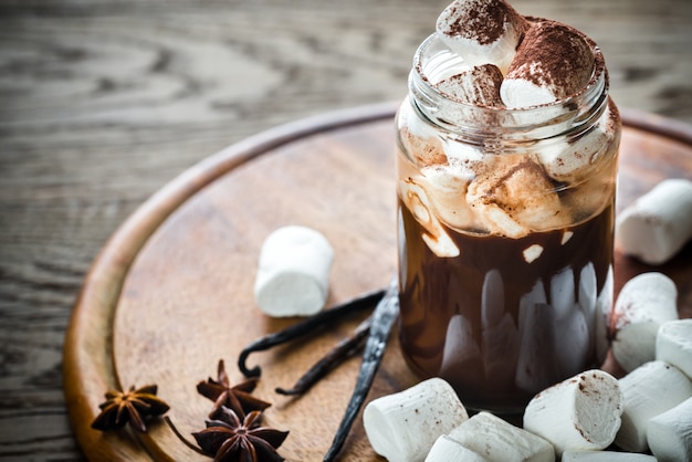 Two mugs of hot chocolate with marshmallows