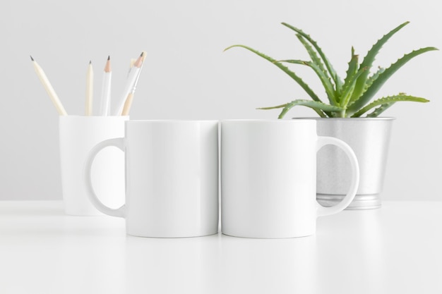 Two mugs mockup with workspace accessories and a succulent plant on a white table