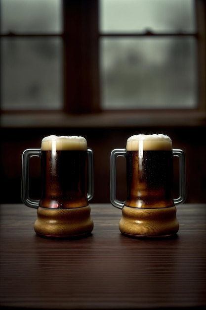 写真 木製のテーブルの上に座っている2杯のビール