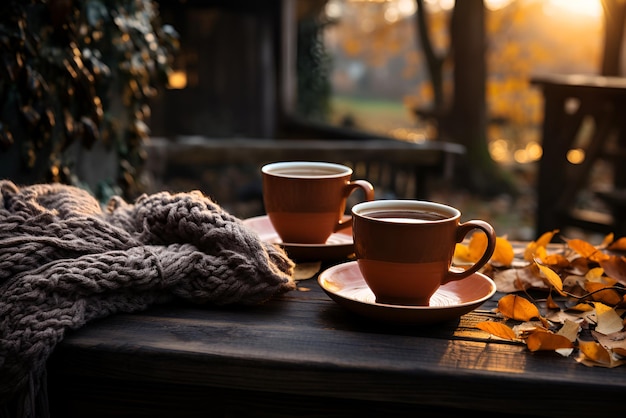 Photo two mugs with hot beverage and a warm cozy blanket on a terrace of a countryhouse fall vibes and autumnal atmosphere