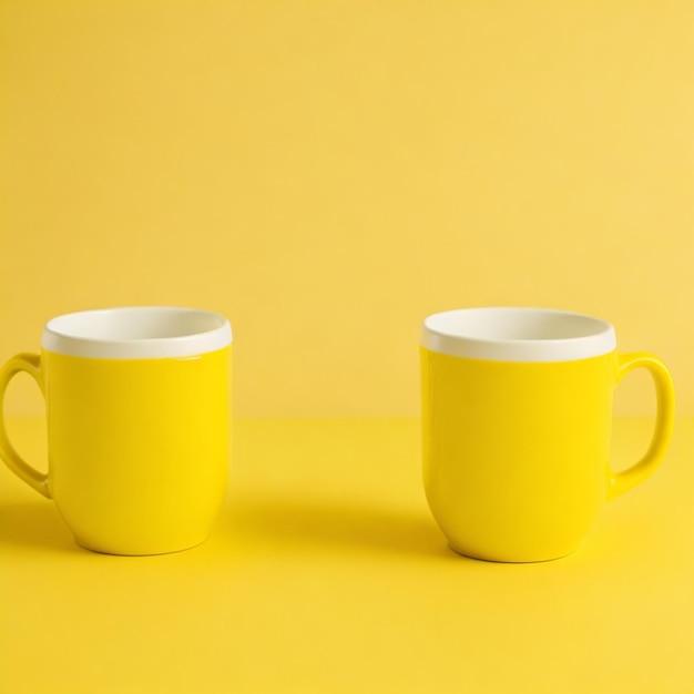 Photo two mugs on yellow background mock up