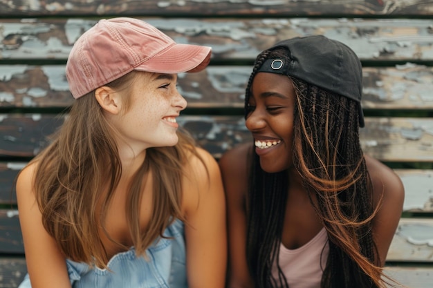 Two multiracial girls sit on a bench and laugh wearing caps looking at each other Meeting of friends