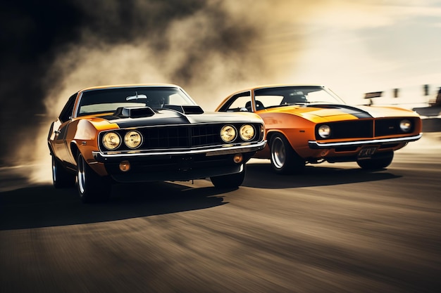 Two muscle cars race on high speed Generative AI