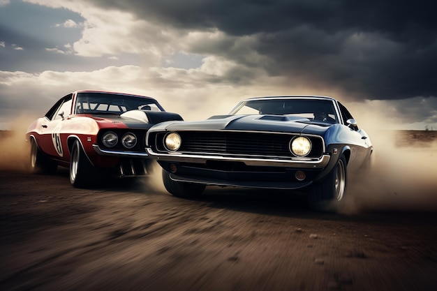 Two muscle cars race on high speed Generative AI