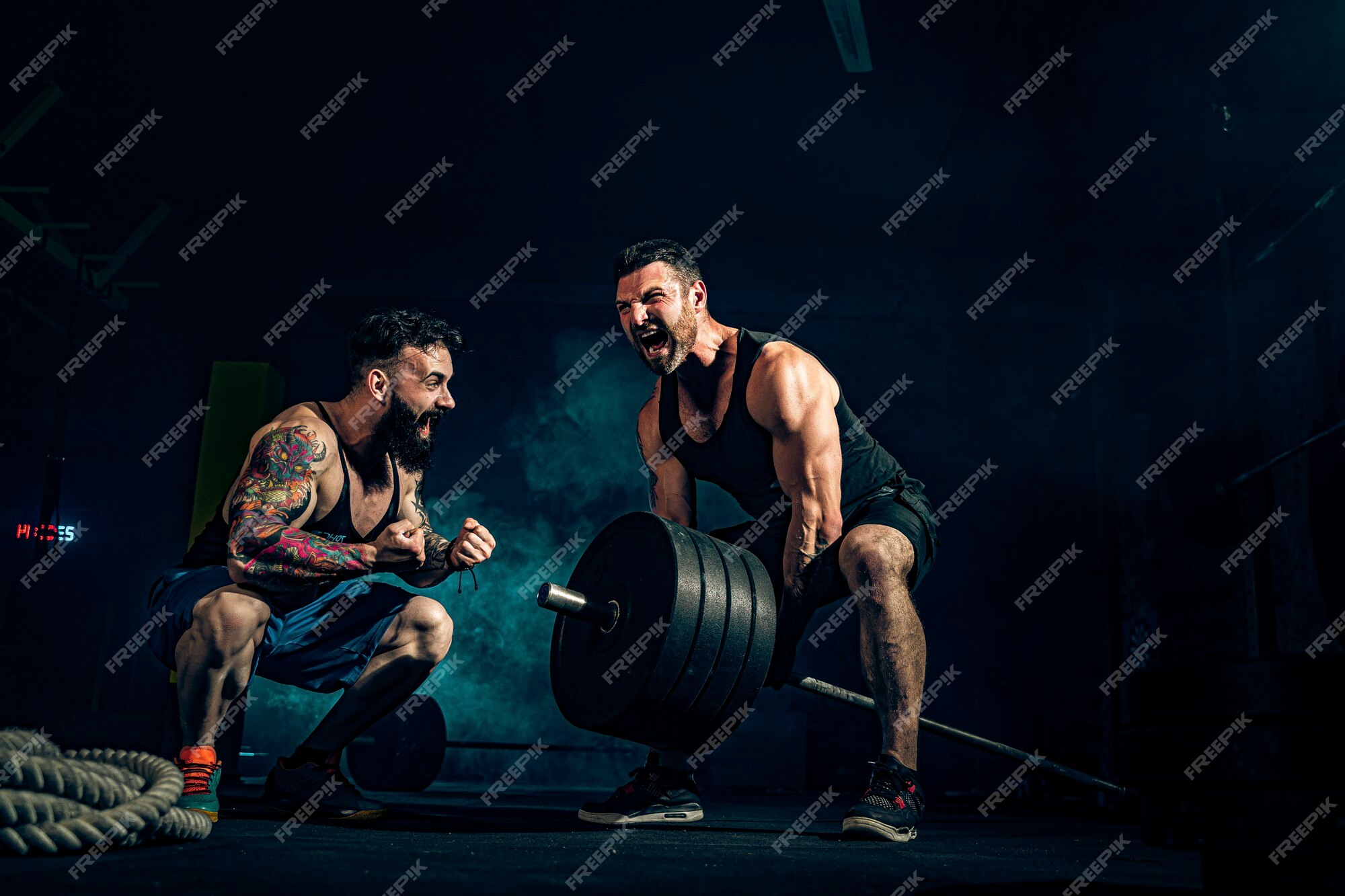 Premium Photo | Two muscular bearded tattooed athletes training, one lift  heavy weight bar when other is motivating
