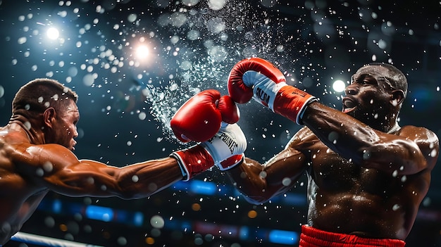 赤い手袋をかぶった2人の筋肉強いボクサーがボクシングの試合で殴り合う