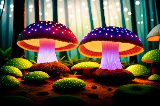 Two mushrooms with purple lights are in the middle of a forest.